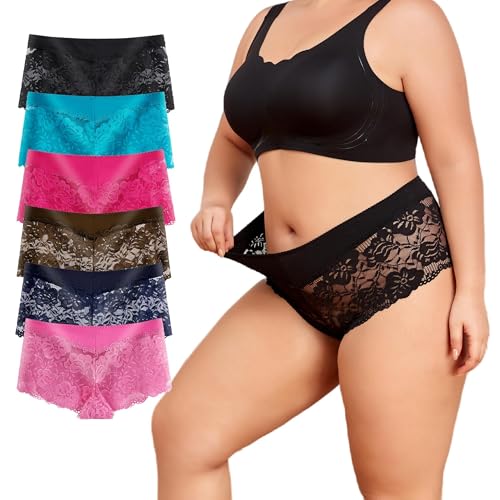 Image of Sexy Underwear For Women, Plus Size Lace Boyshorts Panties Soft Boxers Panty With Cotton Crotch, 6 Pack