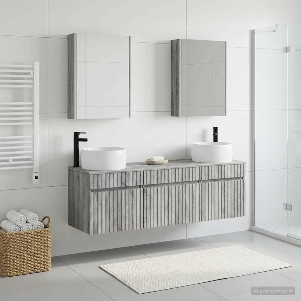 Juego de 5 armarios de baño Sonoma gris 53 x 15,5 x 70 cm estante de madera con espejo LED montado en la pared, versátil, resistente a la humedad, ahorro de espacio, diseño moderno