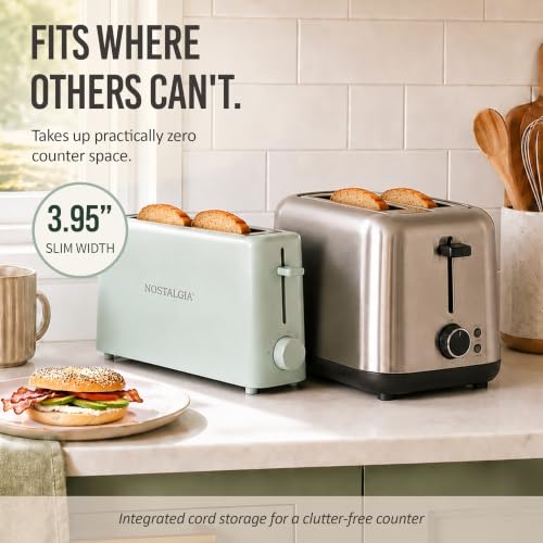 Image of Nostalgia Slim 2-Slice Toaster - Wide Slot - Space-Saving Design - Adjustable Browning Dial - 10-inch Long Slot Fits 2 Slices of Bread or Bagel Halves - Drop-down Crumb Tray - Sage