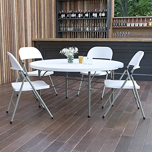 Flash Furniture Scarborough 5' Round Plastic Folding Table with Carrying Handle, Plastic Foldable Table for Indoor/Outdoor Events, White