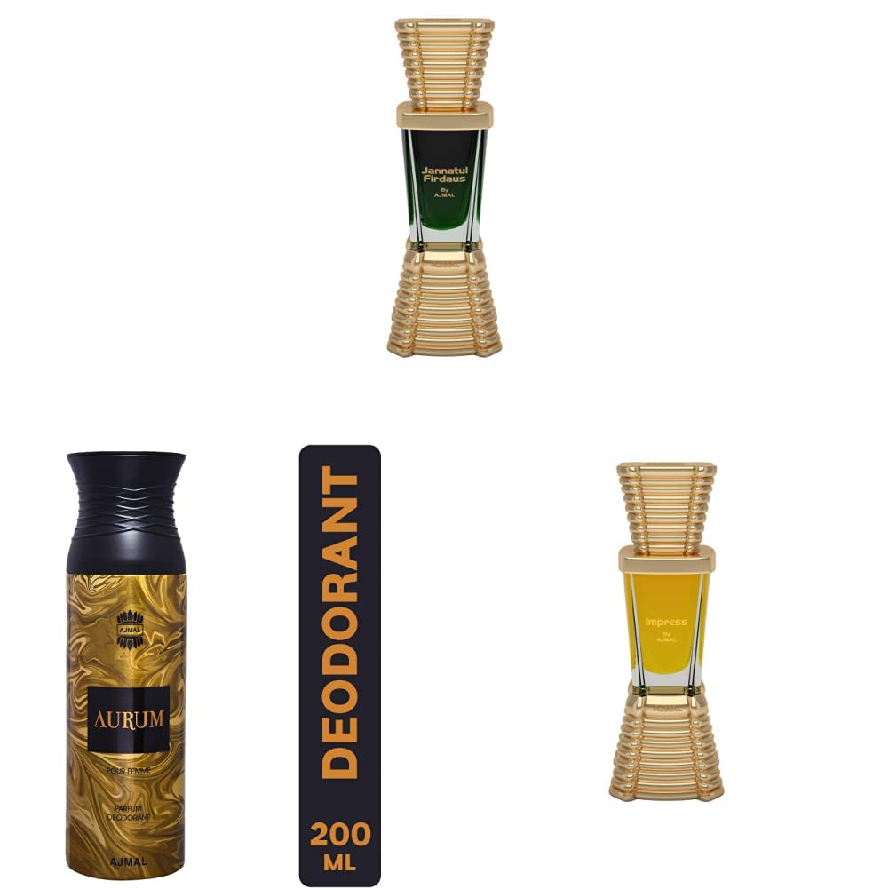 Ajmal Jannatul Firdaus Concentrated Oriental Perfume 10ml for Unisex & Ajmal Aurum Deodorant for Woman, 200 ml & Ajmal Impress Concentrated Perfume for Male, 10 ml