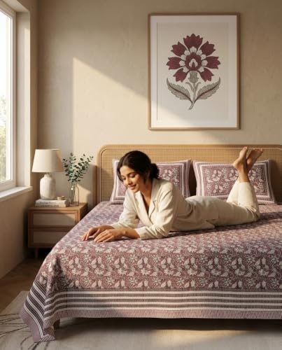 Image of Naksh Queen Size Bed Sheet Dusty Rose Floral Print 2 Pillow Covers | Dusty Rose Botanical Floral Print | Heritage Design for Queen Size Bedrooms