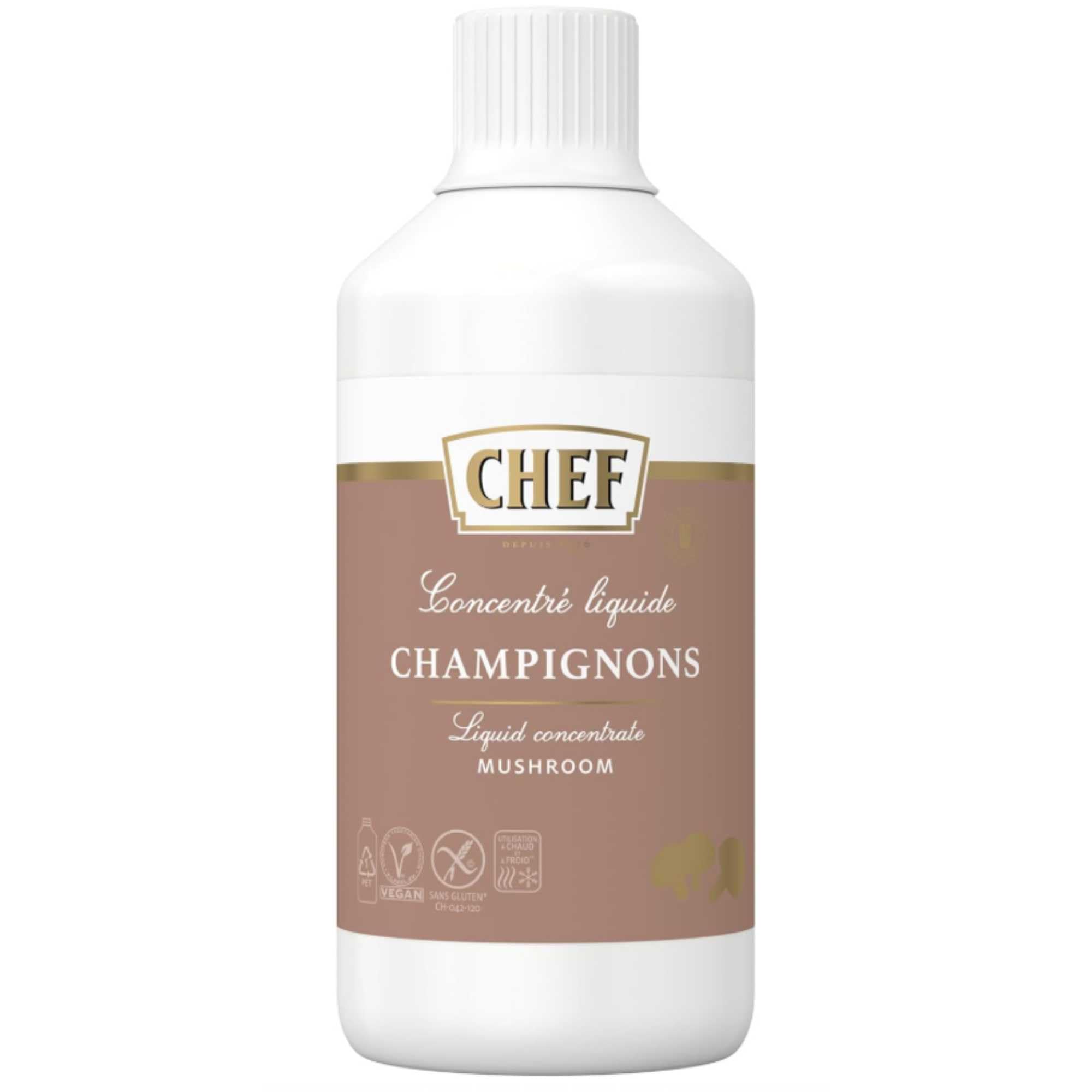 CHEF Concentré Liquide Champignons - A base de 40% de Champignons Réhydratés - Utilisable à Chaud et à Froid - Gain de temps - Aide Culinaire, Sauce, Fonds, Fumet - Bouteille de 980 ml