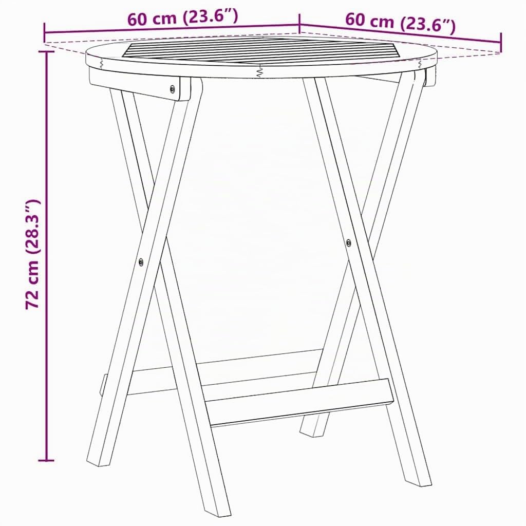 vidaXL Mesa de Jardín Plegable Redonda Ø60 x 72cm de Madera Sólida de Acacia, Ideal para el Exterior, Diseño Moderno, Acabado Suave y Brillante, Ahorra Espacio, Cenas o Cafés. Mueble P