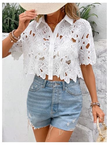 SOLY HUX Women's Floral Lace Cropped Blouses Hollow Out Crop Tops Blouse Short Sleeve Button Down Shirts4
