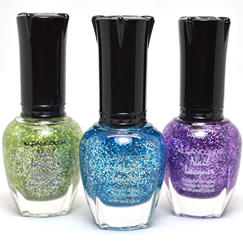 3 Kleancolor Nail Polish Diamond Glitter Green Blue Purple Lacquer Set 3SET38 + FREE EARRING