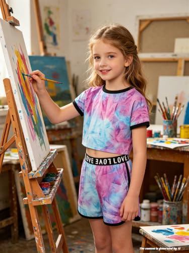 Image of Betusline Girls Summer 2 Piece Outfits,Kids Short Sleeve Crop Top & Shorts Set with Side Pockets