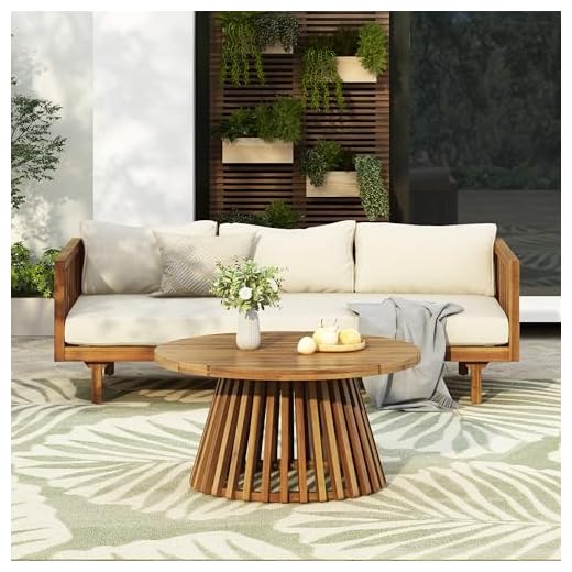 Merax Outdoor Acacia Wood Conversation Set, 3-Seat Loveseat Sofa w/Coushion and Round Coffee Table for Backyard, Patio Furniture, Teak+Beige