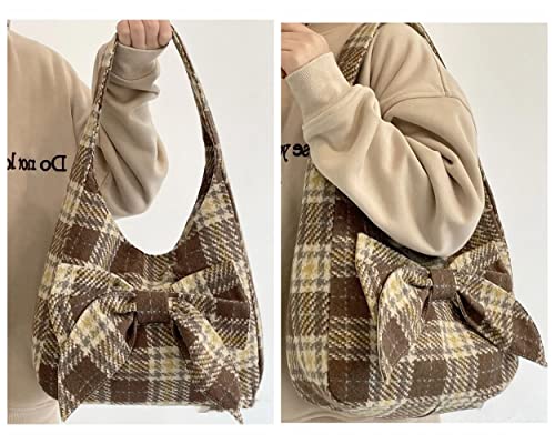 Image of Fashion Shoulder Hobo Bags for Women Wool Tweed Tote Bags Plaid Pattern Bowknot Handbags and Purses Large Capacity