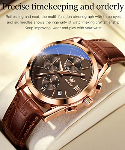 Olevs Watches For Men Rose Gold Steel Case Waterproof Watches Leather Band Day Date Mens Watches Brown Dial Analog Quartz Chronograph Wristwatches Multi-Function Men's Watch #TOP1