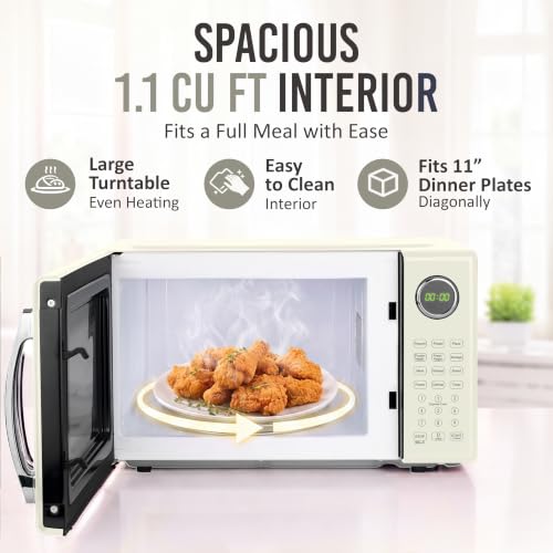 Image of Nostalgia Retro Microwave Oven - 1.1 Cu Ft, 1000-Watt Countertop Size with Glass Turntable, Child Safety Lock, 8 Auto-Cook Programs, Digital Clock - Ivory