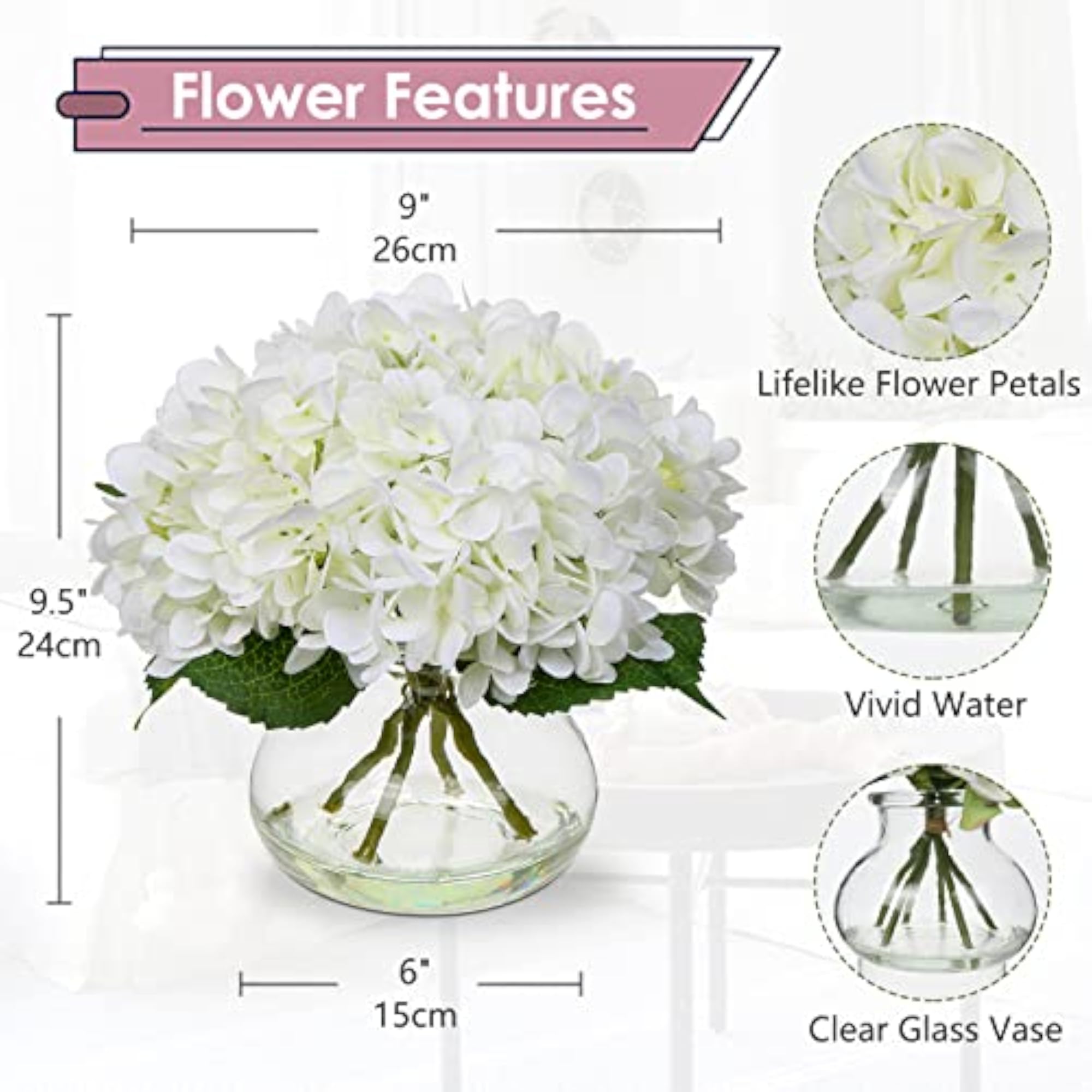 Large Artificial White Silk Hydrangea Flowers Arrangement with Glass Vase