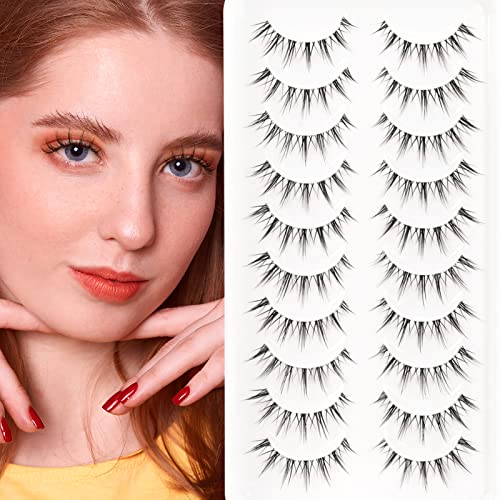 EMEDA Manga Lashes 10 Pair Natural Anime Eyelashes Transparent Band Reusable Black Synthetic Fiber False Eyelashes