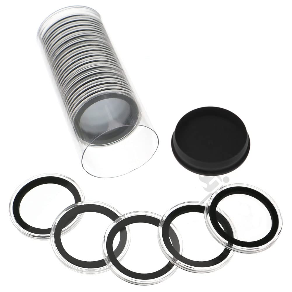 Onfireguy Black Lid & Black Ring Holders 20 Air-Tite 38Mm Ring 1Oz Silver Dollar, Maple Leaf, Silver Britannia Coin Holders & Capsule Storage Tube (Black Lid & Black Ring Holders)