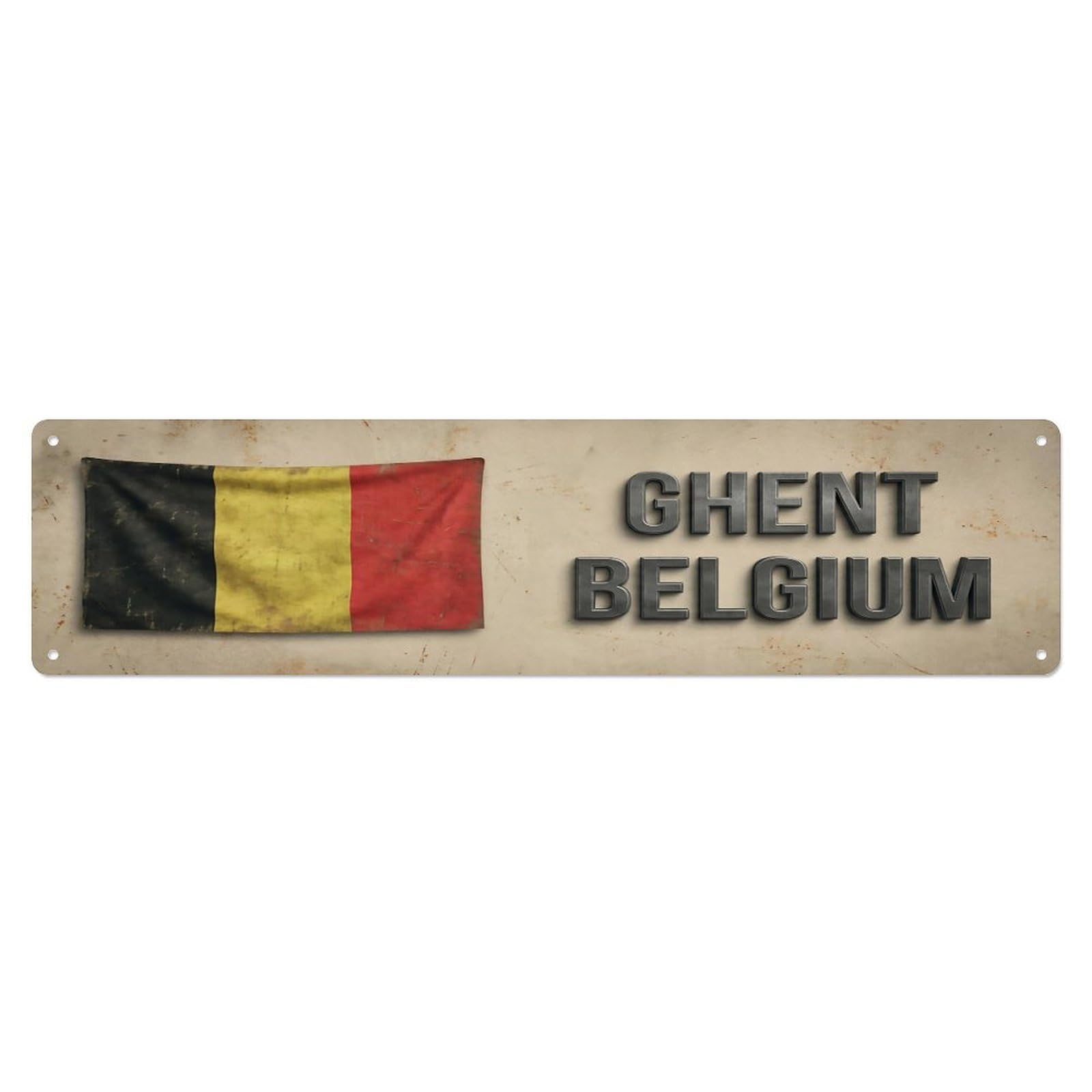 Vintage Ghent Belgium Flag Decor Rustic Travel Metal Tin Sign