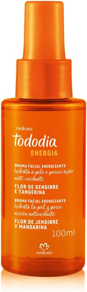 Natura Tododia Bruma Facial Energizante, Flor de Gengibre e Tangerina, 100ml, Hidratação Imediata com Vitamina E
