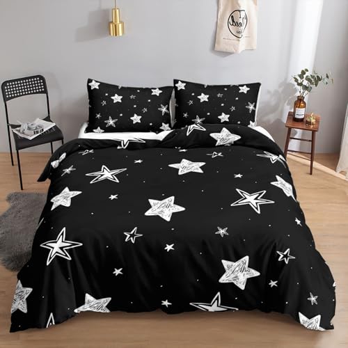 HOSIMA Sterne -Bettwäsche-Set,135x200cm, Weiß Sterne＆Schwarz, Bettwäsche-Set, 1 Bettbezug, 1 Kissenbezug, Reißverschluss, geeignet für Kinder,...
