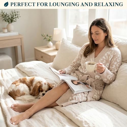 Image of PAVILIA Premium Plush Robe for Women, Soft Cozy Fuzzy Bathrobe with Pockets, Warm Mid-Length Lounge Robe with Tie Belt