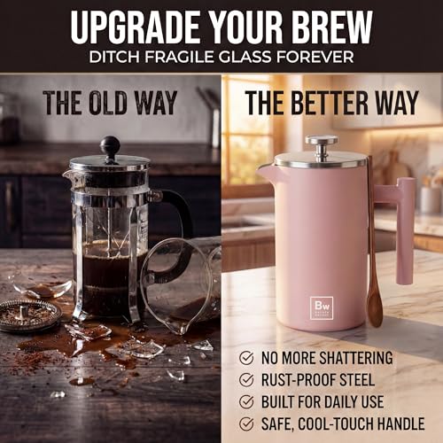 Image of Barista Warrior French Press Coffee Maker - Double-Wall Stainless Steel Insulated French Press with Built-In Thermometer, Dual Filters Coffee Maker with Wooden Spoon - Pink