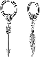 M Men Style Men Huggie Ear Studs With Feather Ring Long Chain Punk Titanium Steel Piercing Jewelry Silver Stainless Steel Hoop Earrings For Men And Women