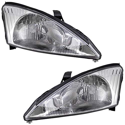 Pair Headlights fits 00-04 Ford Focus Halogen Headlamps Set with Chrome Bezels