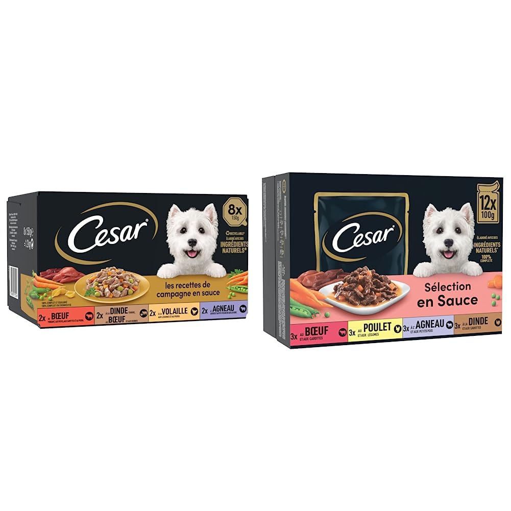 CESAR Repas pour Chien - 24 Barquettes - Pâtée pour Chien en Sauce - Boeuf/Poulet/Agneau/Dinde & Repas pour Chien - 48 Sachets Fraîcheur - Boeuf/Poulet/Agneau/Dinde