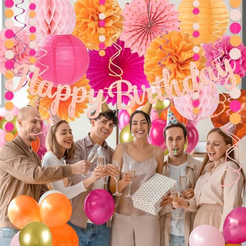 Image of Hot-Pink Orange Birthday Decoration for Women Girl, Fall Peach Burnt-Orange Gold Balloon Decor-Happy Banner, Streamers Lanterns Honeycomb, Tissue Flowers Pom Poms Fan, Boho Sunset Autumn Party Decor