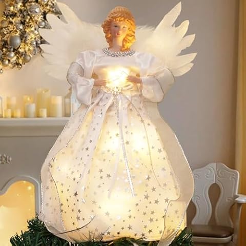 Christmas Angel Tree Topper, Tree Topper Angel with Lights, 8 Modes Christmas Tree Ornament with Timer, Battery Operated Lighted Treetop Ornaments Indoor Christmas Decorations Cover