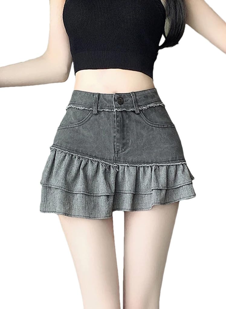 Gonna corta in denim a vita alta versatile con frange divisa irregolare da donna