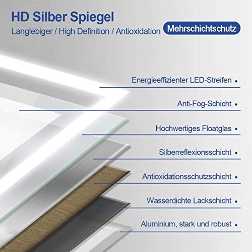 Meykoers Wandspiegel Badkamerspiegel Badkamerspiegel Badkamerspiegel LED-verlichting 80x60cm met aanraakschakelaar en… - Afbeelding 5