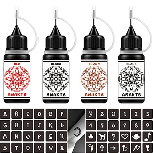 ANAKTB Temporary Tattoo Kit - Fake Tattoos - Temporary Tattoo Ink - Semi Permanent Tattoos - Freehand Gels with Tattoo Stencils for Women Men Kids Body Makeup DIY Painting Fake Freckles - 4 Bottles
