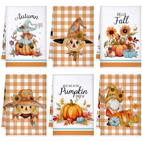 Geyoga Set of 6 Fall Kitchen Towels Autumn Dish Towels Scarecrow Hand Tea Towel Pumpkin Kitchen Decors for Thanksgiving Fall Decorative Absorbent Fast Drying Cloth for Bathroom Cooking 16 x 24