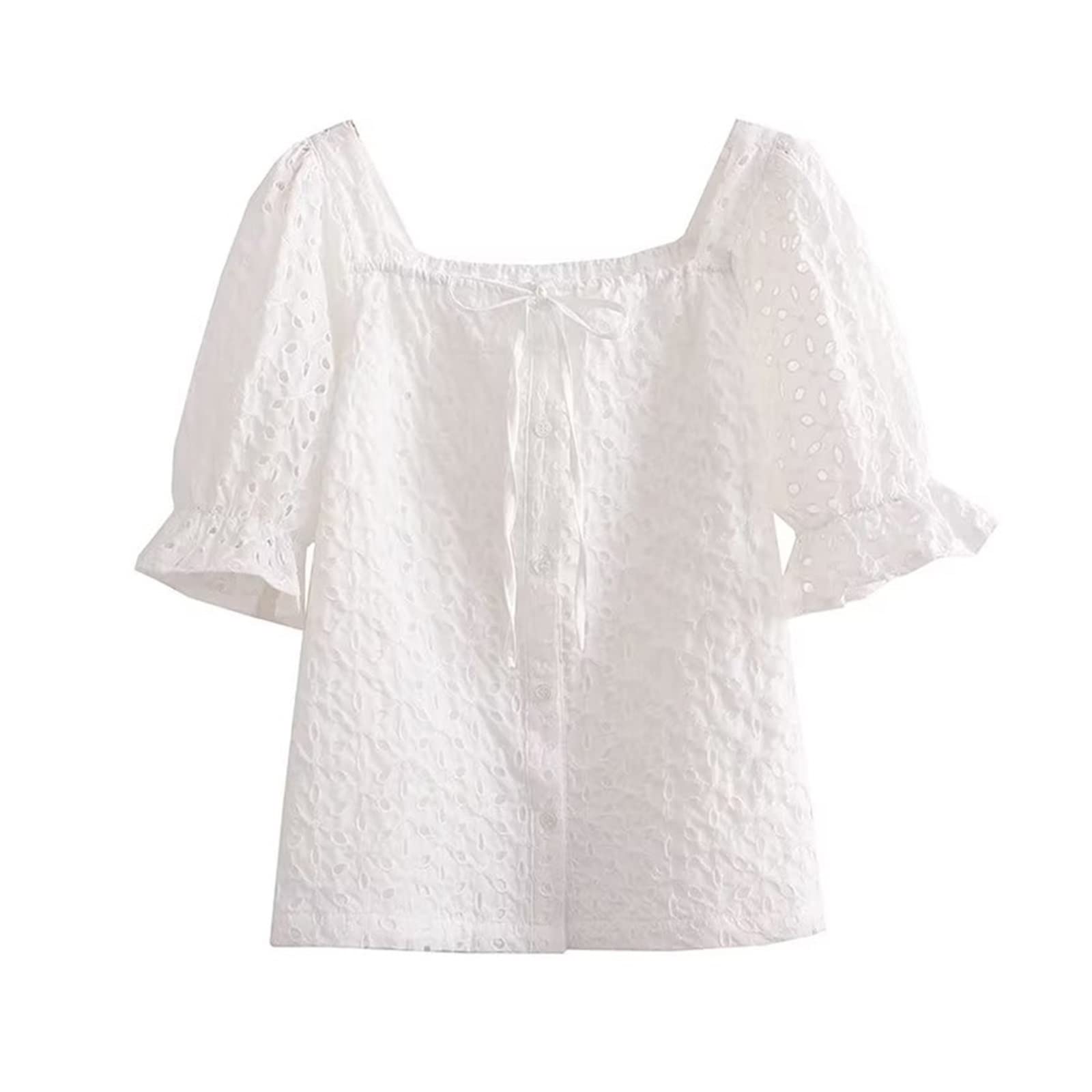 Top da donna con lacci traforati ricamati camicette a maniche corte abbottonate top femminili