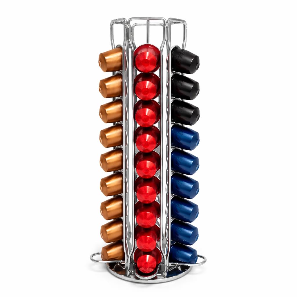 PWRco Coffee Capsules Holder for Nespresso Rotating Tower, 360° Spin Heavy Coffee Pod Rack Organiser Alloy Steel Modern Polished Finish Solid Base Countertop Storage (Silver, 60s Coffee Pod Stand)