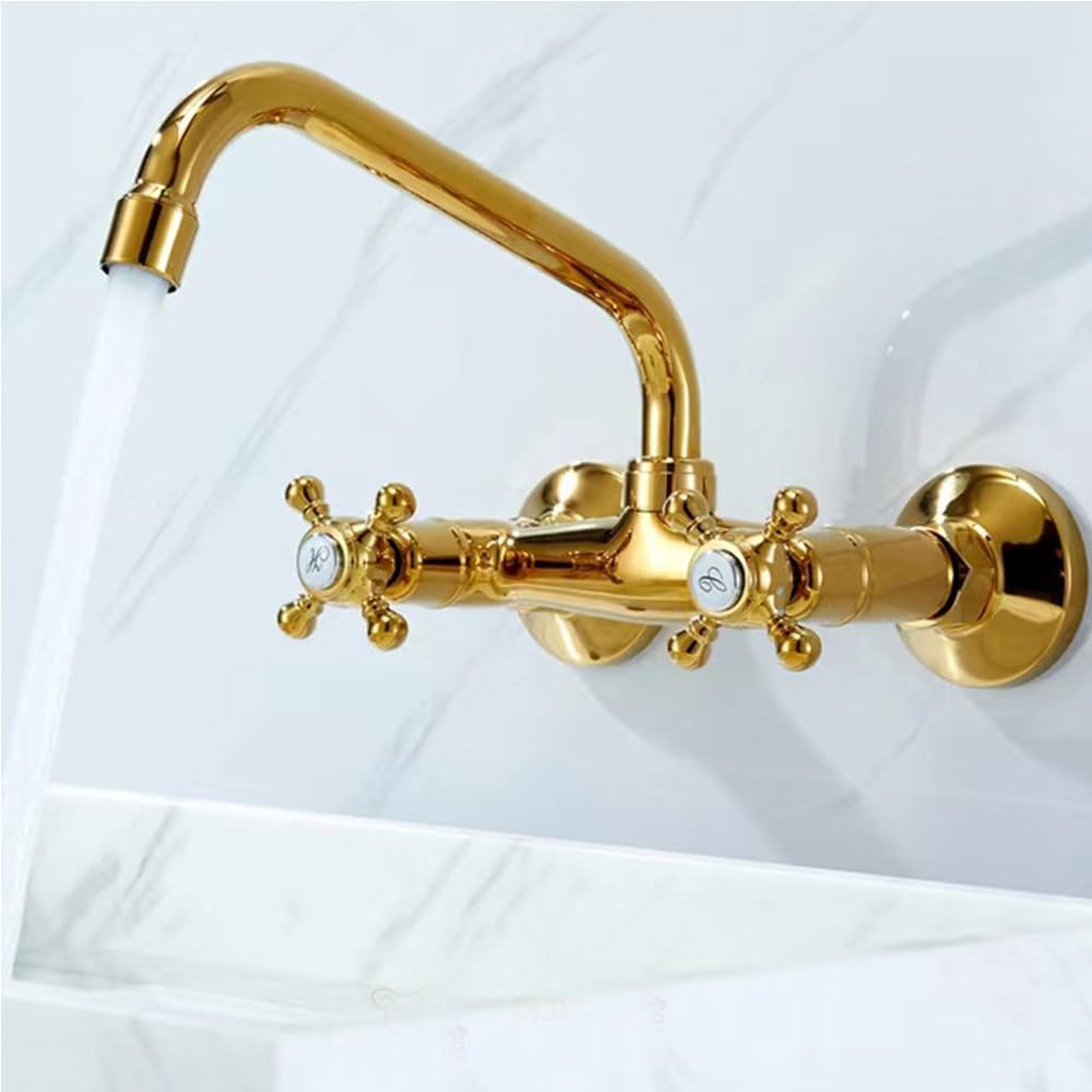 Grifo de pared para cocina (latón) | Grifo mezclador de doble mango, color dorado
