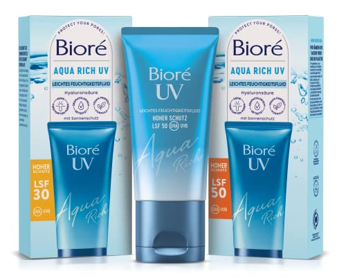 Biore Aqua Rich UV - Leichtes Feuchtigkeitsfluid für das Gesicht - Sonnenschutz - Lichtschutzfaktor LSF 50 - UVA/UVB - Funktioniert unter Make-Up - Nicht-fettend