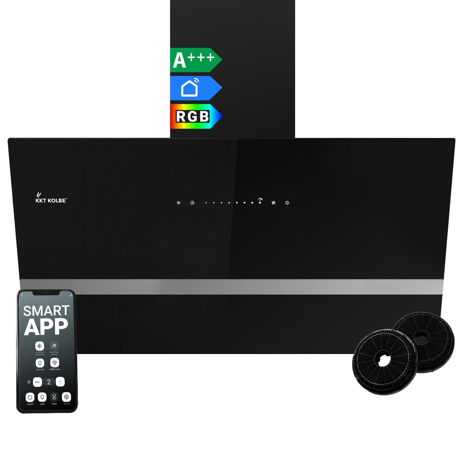 KKT KOLBE Cappa aspirante 90 cm | Cappa Cucina Inclinata | acciaio inossidabile | vetro nero | WiFi | auto spegnimento | Illuminazione LED RGBW | Operazione di tocco | EASY9005SM