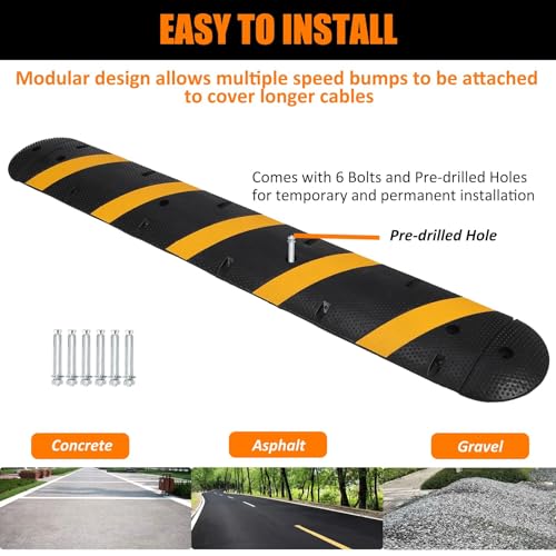 Image of 7 FT Rubber Speed Bump, 1 Pack 2 Channel Modular Speed Bumps, Humps | Heavy Duty 25000 lbs Load Capacity, Cable Protector Ramp with 2 End Caps, for Asphalt Concrete Gravel Driveway Road