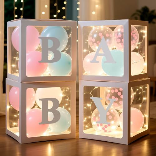 Image of Ledido Baby Boxes with Letters for Baby Shower Decoration, 4 pcs Clear Baby Balloon Boxes Blocks with LED Fairy String Lights 38 Balloons for Boy Girl Gender Reveal Birthday Party (White)