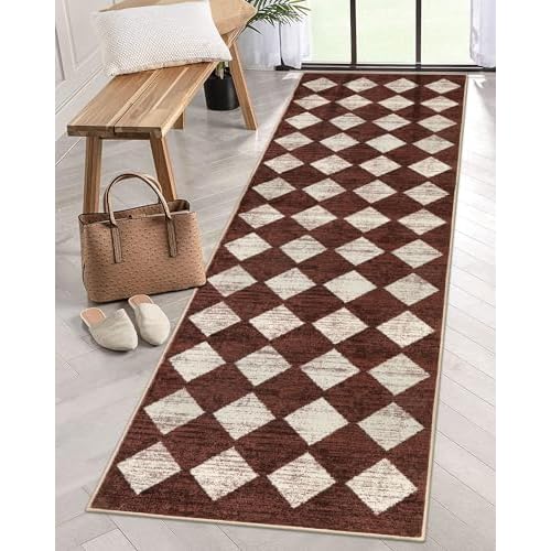 Lahome Moroccan Treills Runner Rug - 2x8 Washable Hallway Rug Runner, Non Slip Rugs for Living Room Hardwood Floors, Checkered Modern Soft Carpet Runner for Entryway Bathroom, Beige 2' x 8'