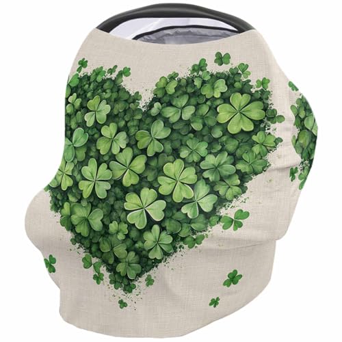 Nursing Cover for Breastfeeding Scarf, Green Shamrocks Heart St. Patrick's Day Retro Beige Baby Car Covers Super Soft Multi Use for Canopy Shopping Cart Cover Blanket Stroller Cover