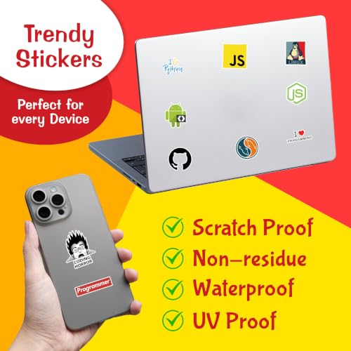 Image of CodersParadise 51-Piece Coding & Programming Sticker Pack - Waterproof & Residue-Free Vinyl Laptop Stickers for Programmers, Coders, Developers, IT Professionals, Journals, Phones, Guitars & More