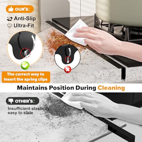 Image of Stove Gap Covers, 2 Pack Stainless Steel Stove Gap Filler, Heat Resistant Oven Gap Filler Adjustable Length 13.8 inch to 27.5 inch, Range Trim Kit Non-Slip Stove Guard Between Stove Top & Counter - Black