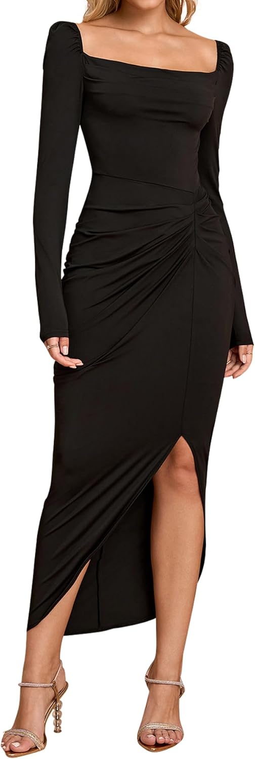 Long Sleeve Bodycon Midi Dress Square Neck Ruched Slit Formal Cocktail Wedding Guest Dresses for Women Fall