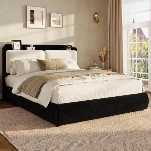 Image of Garvee Chenille Full Size Bed Frame with Recessed Shelf- Black & Beige