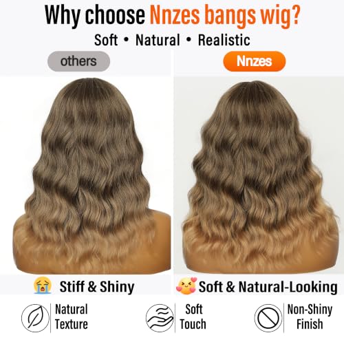 Image of Nnzes Short Wavy Bob Wig with Bangs for Women Shoulder Length Curly Soft Brown to Honey Blonde Ombre Synthetic Heat-Resistant Fiber Hair for Daily & Party Use