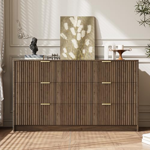 Image of MAISONARIA 6 Drawer Dresser for Bedroom, 55 inch Wide Modern Chest of Drawers with Gold Metal Handles, Fluted Wood TV Stand for Living Room, Hallway, Walnut