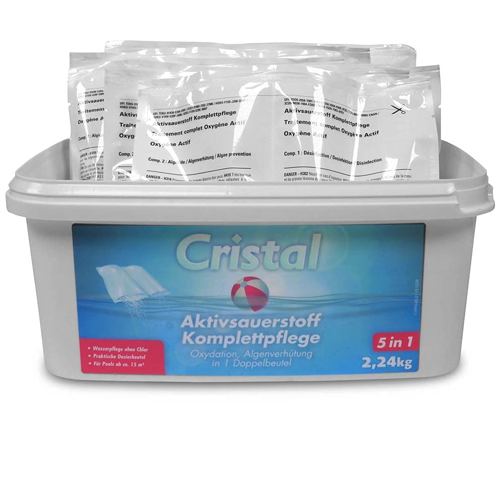 Cristal Aktivsauerstoff Set 2,24 kg - Inkl. Wassertester & Pflegebroschüre – Chlorfreie Poolpflege für klare Wasserqualität - Vordosierte Doppel-Beutel