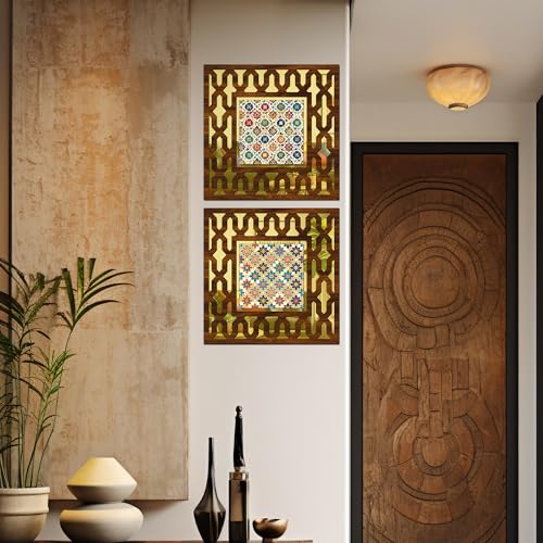 Image of Wooden Pattern Mirror Wall Decor Panel for Home Decor Living Room Bed Room Office (AD8, 12X12 Inches, Set of 2)
