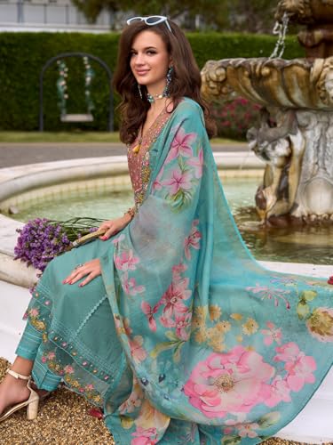 Image of INDO ERA Women's Anarkali Pure Cotton Floral Printed Embroidered Kurta & Pant with Dupatta Set (IEOUT10688)
